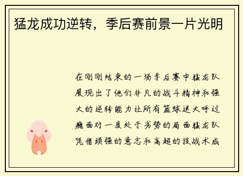 猛龙成功逆转，季后赛前景一片光明