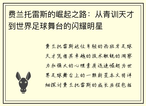 费兰托雷斯的崛起之路：从青训天才到世界足球舞台的闪耀明星