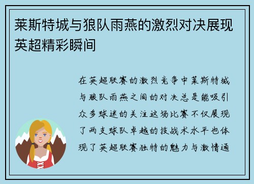 莱斯特城与狼队雨燕的激烈对决展现英超精彩瞬间