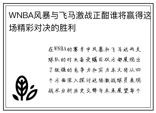 WNBA风暴与飞马激战正酣谁将赢得这场精彩对决的胜利