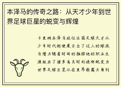 本泽马的传奇之路：从天才少年到世界足球巨星的蜕变与辉煌