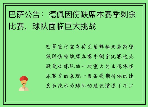巴萨公告：德佩因伤缺席本赛季剩余比赛，球队面临巨大挑战