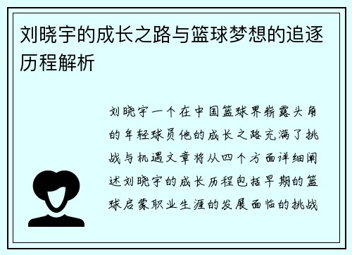 刘晓宇的成长之路与篮球梦想的追逐历程解析