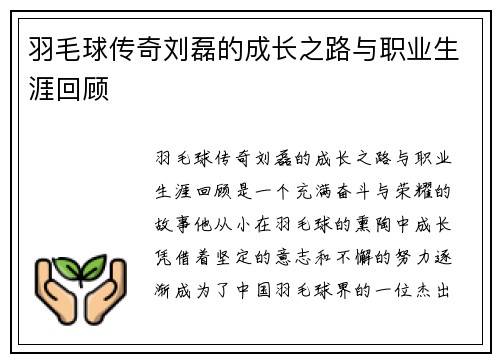 羽毛球传奇刘磊的成长之路与职业生涯回顾