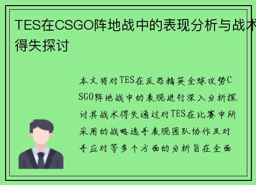 TES在CSGO阵地战中的表现分析与战术得失探讨