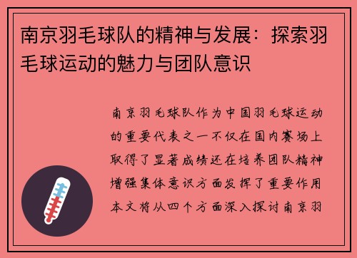 南京羽毛球队的精神与发展：探索羽毛球运动的魅力与团队意识
