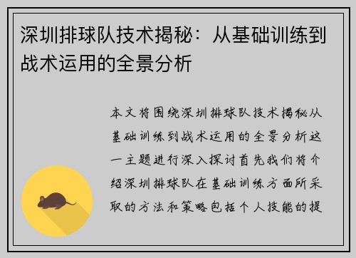 深圳排球队技术揭秘：从基础训练到战术运用的全景分析