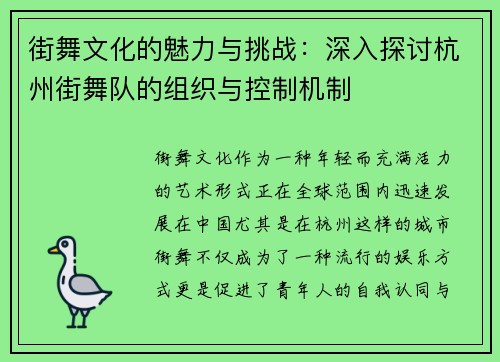 街舞文化的魅力与挑战：深入探讨杭州街舞队的组织与控制机制