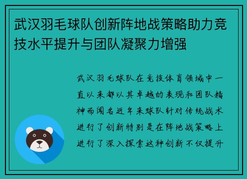 武汉羽毛球队创新阵地战策略助力竞技水平提升与团队凝聚力增强